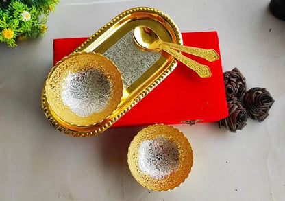 Metal Designer 2 Bowls 2 Spoons 1 Tray, Use for Dry Fruits - Brass Daddy