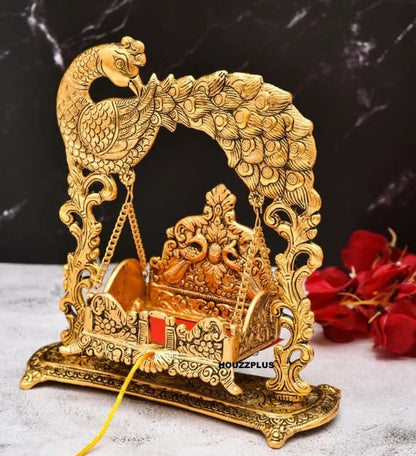 Metal Laddu Gopal Jhula Palna for Laddu Gopal Ji with Peacock Design (for 0 to 3 Number) - Brass Daddy