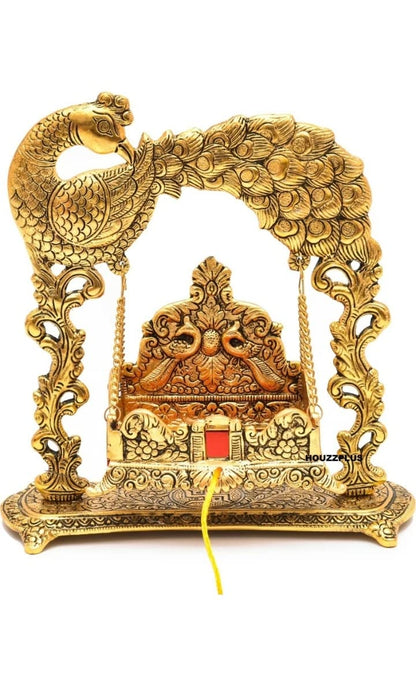 Metal Laddu Gopal Jhula Palna for Laddu Gopal Ji with Peacock Design (for 0 to 3 Number) - Brass Daddy