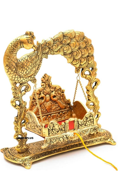 Metal Laddu Gopal Jhula Palna for Laddu Gopal Ji with Peacock Design (for 0 to 3 Number) - Brass Daddy