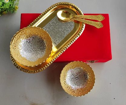 Metal Designer 2 Bowls 2 Spoons 1 Tray, Use for Dry Fruits - Brass Daddy