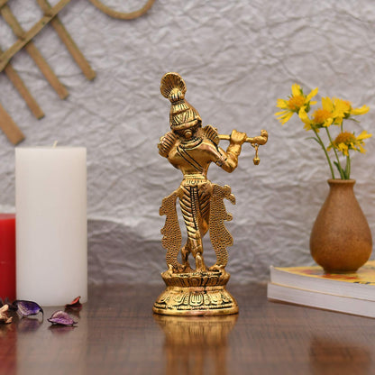 Lord Krishna Idol Statue Gold Plated Playing Flute Decorative Showpiece for Pooja Room & Gift - Brass Daddy