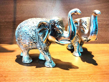 Metal Elephant 5 Inch For Fantasy Showpiece Decoration And Gift Purpose-Set Of 2, Silver - Brass Daddy