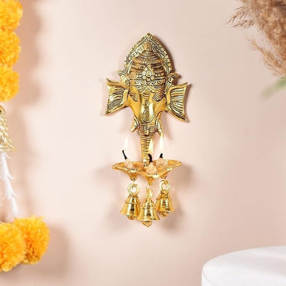 Ganesh Ji Wall Hanging with Three Diya's and Bells - Brass Daddy