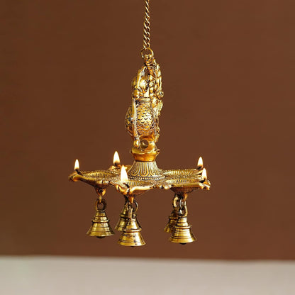 Peacock Diya with Bells & Chain for Home, Temple Metal Hanging Diya for Diwali, Pooja Room, Home Decoration - Brass Daddy