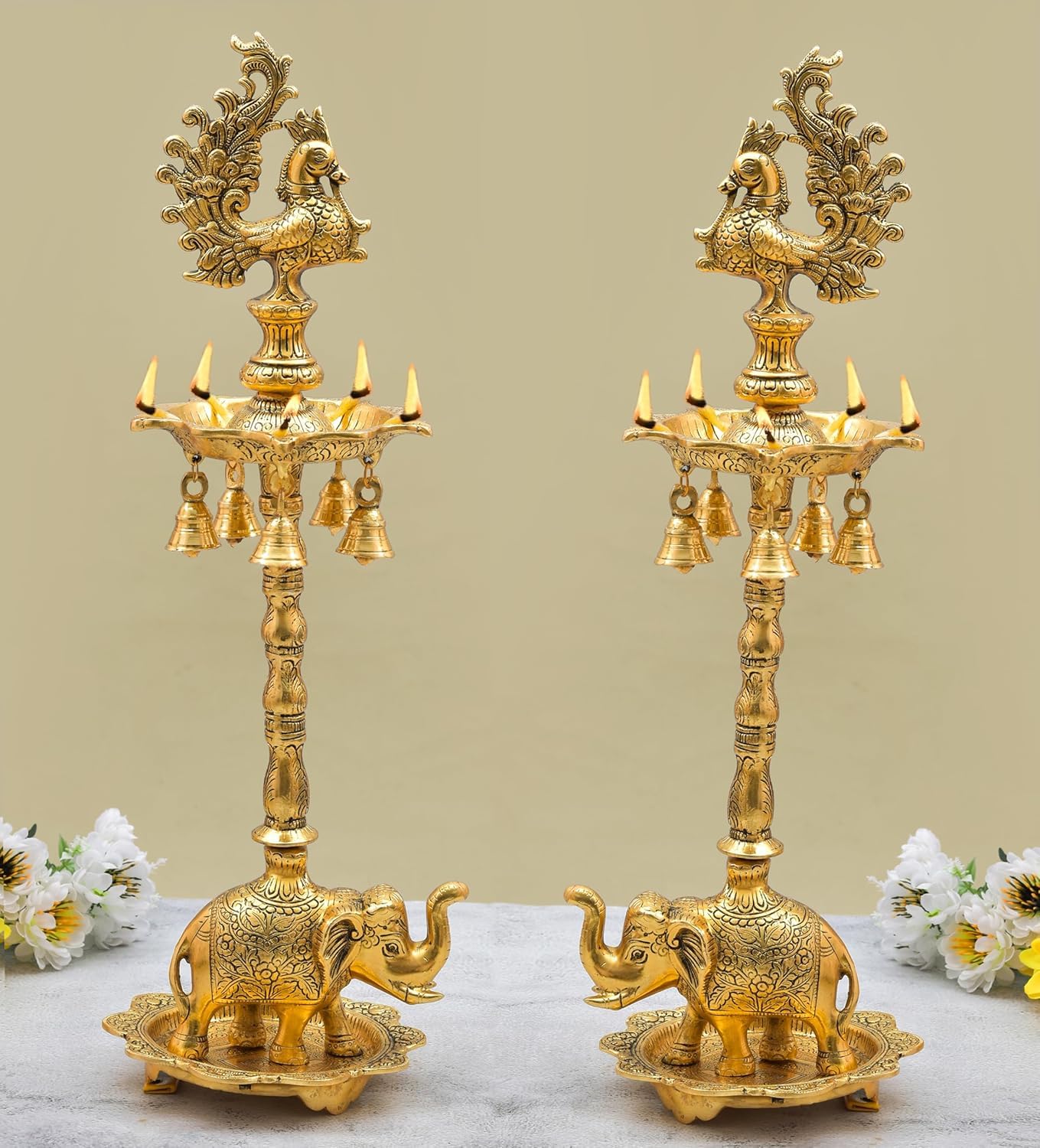 Peacock Pair (Diya Stand) with Elephant Base & Plate Aluminium, Panchmukhi Diya, Big Diya Stand for Home Decor (Golden) - Brass Daddy
