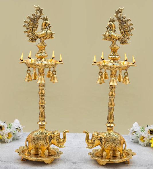 Peacock Pair (Diya Stand) with Elephant Base & Plate Aluminium, Panchmukhi Diya, Big Diya Stand for Home Decor (Golden) - Brass Daddy