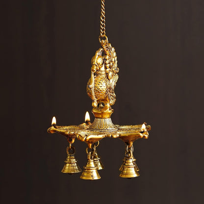 Peacock Diya with Bells & Chain for Home, Temple Metal Hanging Diya for Diwali, Pooja Room, Home Decoration - Brass Daddy