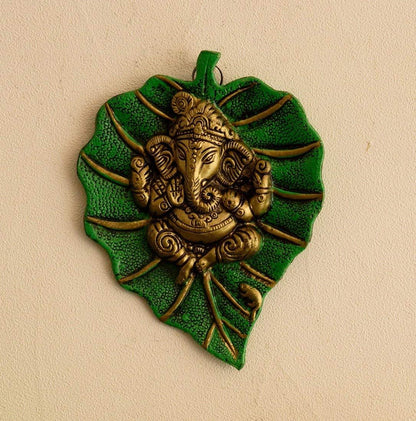 Lord Ganesha on Green Leaf - Brass Daddy