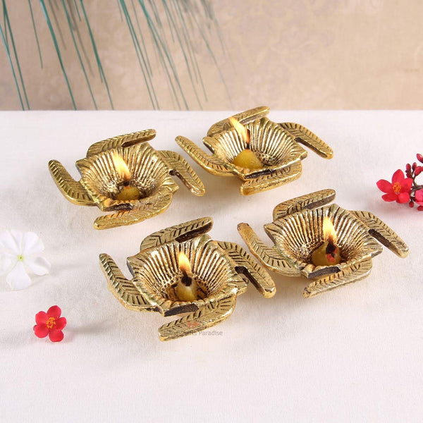 Swastik Diya Set of 4 — Antique Gold Metal