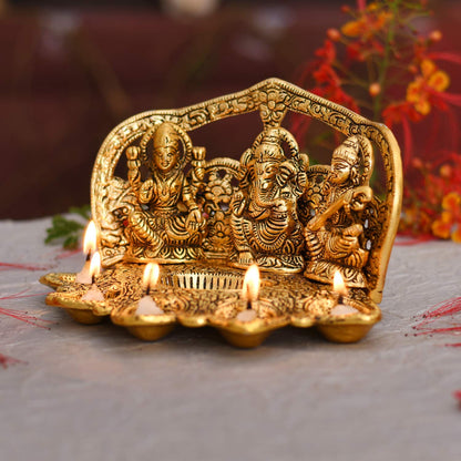 Metal Laxmi Ganesh Saraswati Idol Traditional Diya Oil Lamp Deepak for Diwali Puja - Brass Daddy