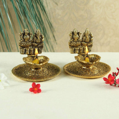 Lakshmi Ganesh Hand Diya Pair in Metal Antique Gold Plated 3 Inch - Brass Daddy