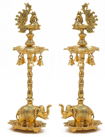 Peacock Pair (Diya Stand) with Elephant Base & Plate Aluminium, Panchmukhi Diya, Big Diya Stand for Home Decor (Golden) - Brass Daddy