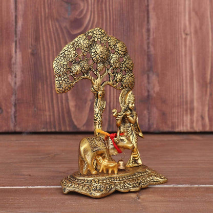 Cow Calf Krishna Under Tree home office table top Decorative Showpiece - Brass Daddy