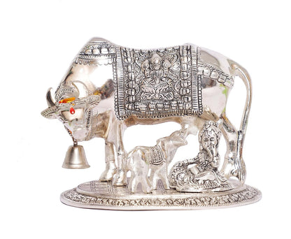 Handcrafted Metal Kamdhenu Cow with Calf - Silver | BrassDaddy - Brass Daddy