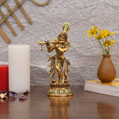 Lord Krishna Idol Statue Gold Plated Playing Flute Decorative Showpiece for Pooja Room & Gift - Brass Daddy