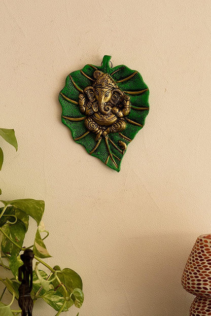 Lord Ganesha on Green Leaf - Brass Daddy