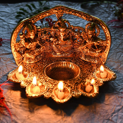 Metal Laxmi Ganesh Saraswati Idol Traditional Diya Oil Lamp Deepak for Diwali Puja - Brass Daddy