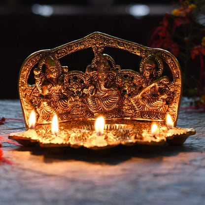 Metal Laxmi Ganesh Saraswati Idol Traditional Diya Oil Lamp Deepak for Diwali Puja - Brass Daddy