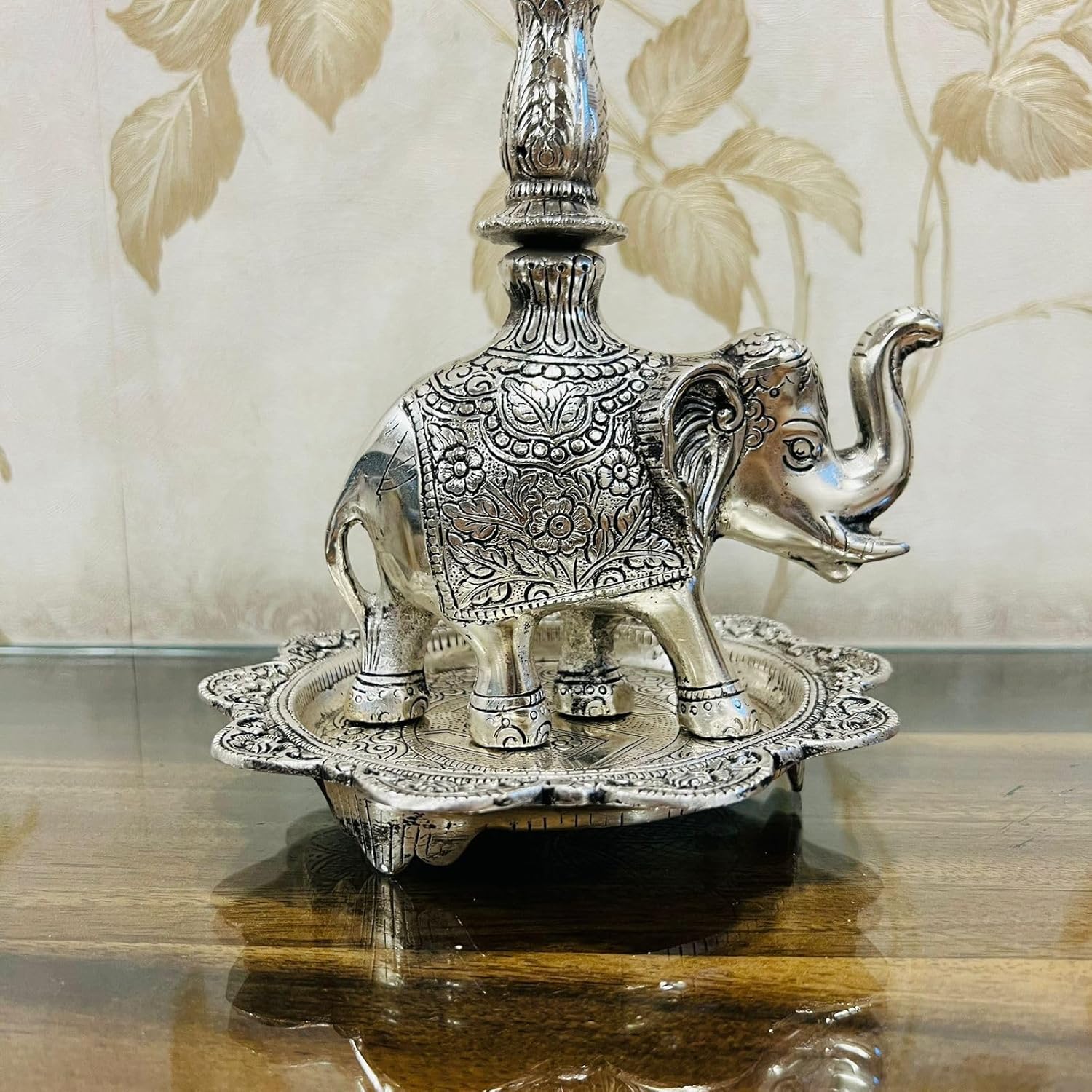 Peacock Pair (Diya Stand) with Elephant Base & Plate Aluminium, Panchmukhi Diya, Big Diya Stand for Home Decor (Silver) - Brass Daddy