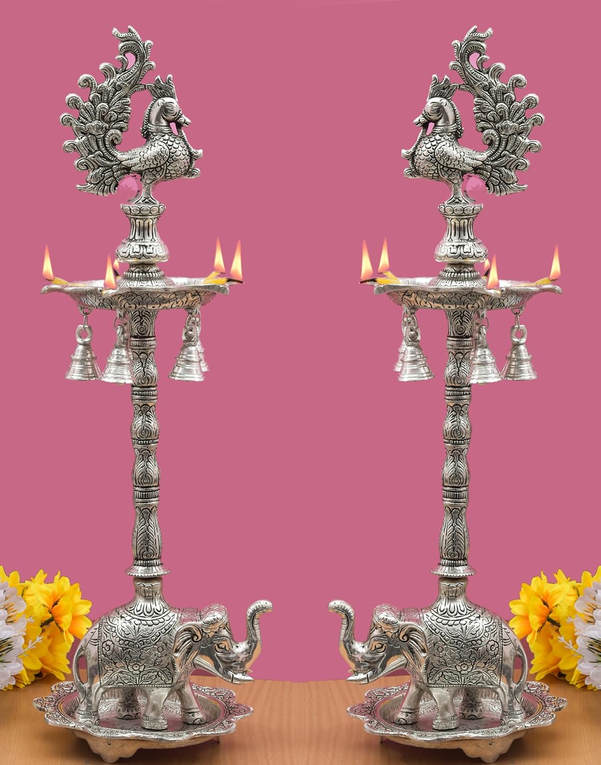Peacock Pair (Diya Stand) with Elephant Base & Plate Aluminium, Panchmukhi Diya, Big Diya Stand for Home Decor (Silver) - Brass Daddy