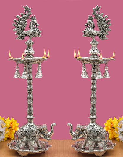 Peacock Pair (Diya Stand) with Elephant Base & Plate Aluminium, Panchmukhi Diya, Big Diya Stand for Home Decor (Silver) - Brass Daddy