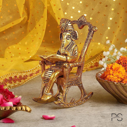 Gold Lord Ganesha Reading Ramayana Statue - Brass Daddy