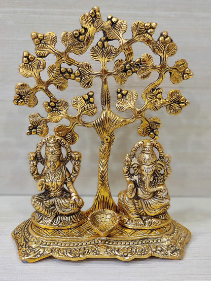 Gold Plated Metal Laxmi Ganesh Idol with Tree and Diya for Puja Home Mandir Temple and Decorative for Living Drawing Bed Room Office Shop Decorative and Gifts - Brass Daddy