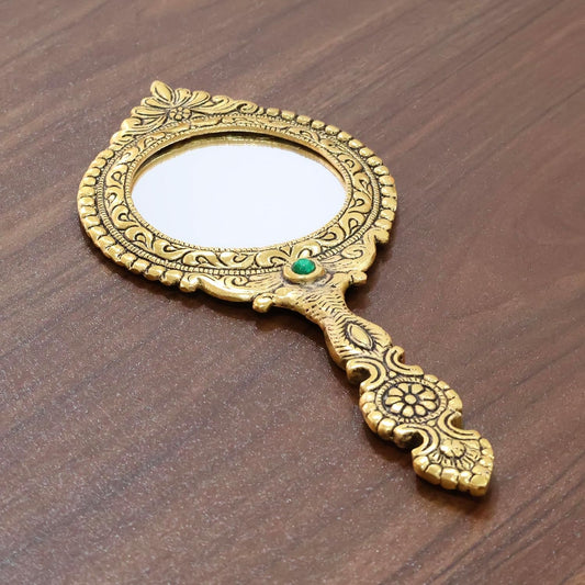 Beautifully Carved Round Shape Framed Gold Plating Metal Hand Mirror For Makeup, Travelling, Salon Mirror & Decorative Mirror Antique Item For Wedding Gifts.