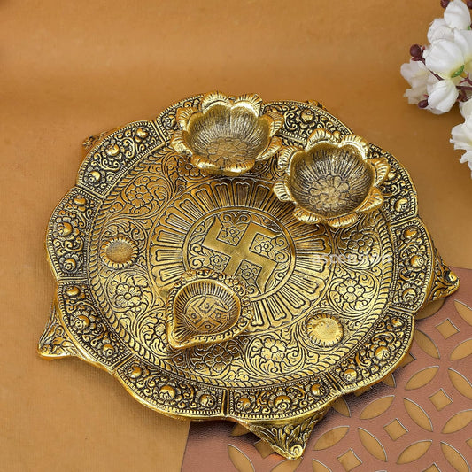 Metal Pooja Thali with Deepak Swastik Flower Designer Plate thali Diya Deepak Thali (Golden) - Brass Daddy