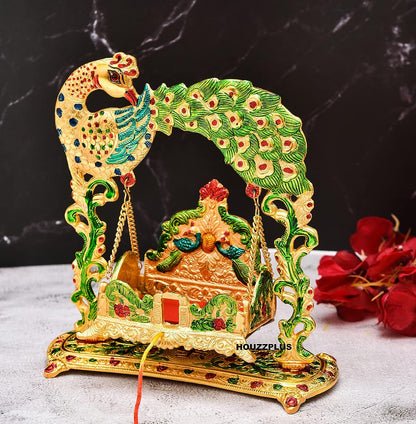 Laddu Gopal Jhula Palna for Laddu Gopal Ji with Peacock Design Decorative Showpiece (for 0 to 3 Number) - Brass Daddy