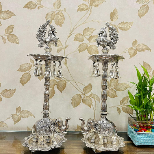 Peacock Pair (Diya Stand) with Elephant Base & Plate Aluminium, Panchmukhi Diya, Big Diya Stand for Home Decor (Silver) - Brass Daddy