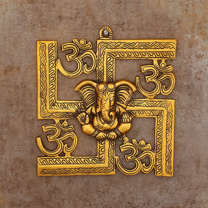 Lord Ganesha on Om Swastik Metal Golden Wall Hanging - Brass Daddy