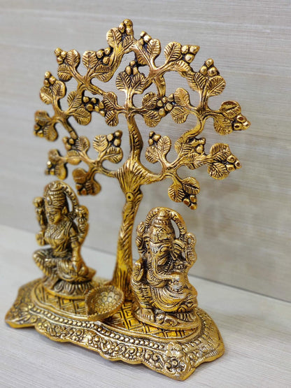 Gold Plated Metal Laxmi Ganesh Idol with Tree and Diya for Puja Home Mandir Temple and Decorative for Living Drawing Bed Room Office Shop Decorative and Gifts - Brass Daddy
