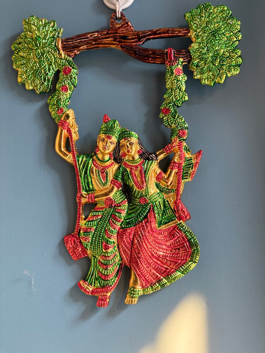 Metal Multicolour Krishna Radha statue wall hanging wall decor showpiece - Brass Daddy