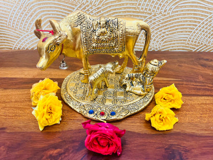 Handcrafted Metal Kamdhenu Cow with Calf Small - Gold | BrassDaddy - Brass Daddy