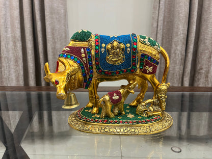 Handcrafted Metal Kamdhenu Cow with Calf - Stone | BrassDaddy - Brass Daddy