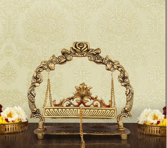 Jhula - 10 x 11 Inches | Gold Polish & Gulab Design Palana/ Metal Jhoola for Deity/ 5 number Laddu gopal jhula - Brass Daddy