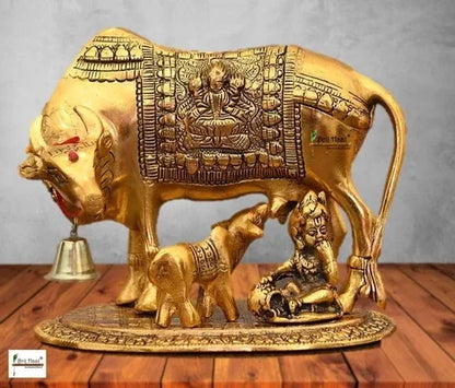Handcrafted Metal Kamdhenu Cow with Calf - Gold | BrassDaddy - Brass Daddy