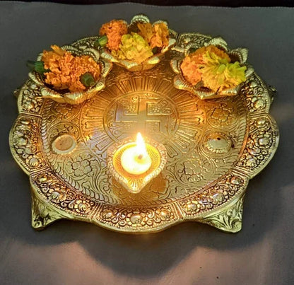 Metal Pooja Thali with Diya for Home and Office | Diwali - Brass Daddy