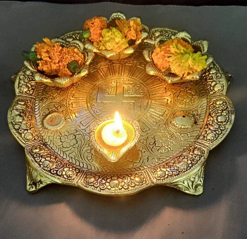 Metal Pooja Thali with Diya for Home and Office | Diwali - Brass Daddy